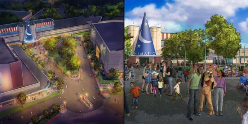 Left: aerial view of a Disney animation studio; right: fans gather by the iconic Sorcerer Hat amid buzz about new park expansions.