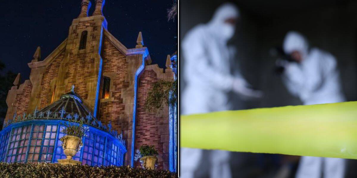 Split image: Left shows a haunted house attraction at night with eerie blue lighting; right shows performers as crime scene investigators. Haunted Mansion ashes Disney World