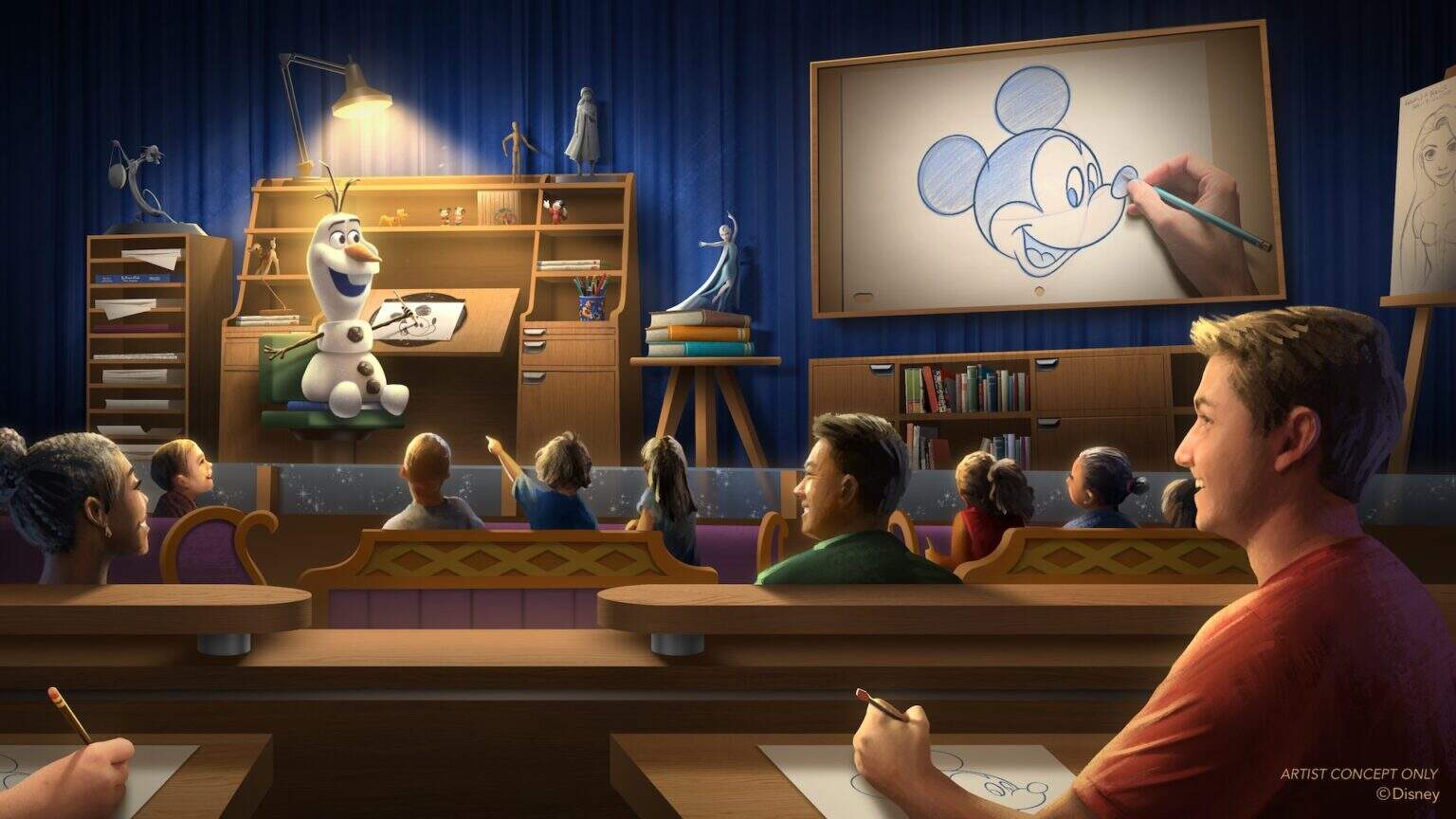 Fans sketch Mickey Mouse in a classroom while Olaf leads, capturing Disney World magic and Star Wars-inspired creativity.