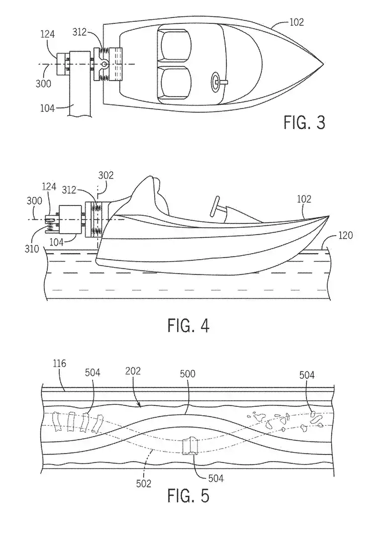 Adventure-park style blueprint of a themed boat ride with outboard motor and sonar, revealing hidden underwater surprises along the route.