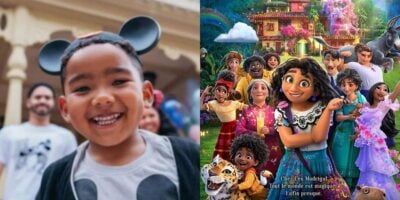 split image: on the left, a little boy in mickey mouse ears. on the right, the cover of 'Encanto,' a popular Disney film