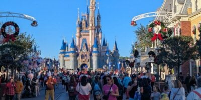 Cinderella Castle at Magic Kingdom Park as seen from Main Street, U.S.A., during Christmastime.
