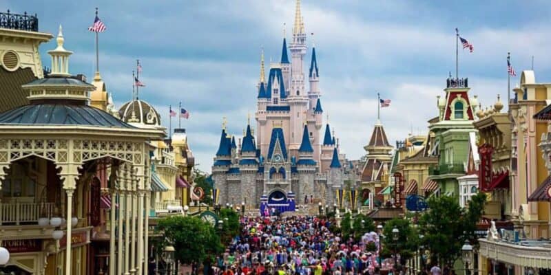 A look at crowds headed to Cinderella Castle from Main Street, USA at Magic Kingdom Park