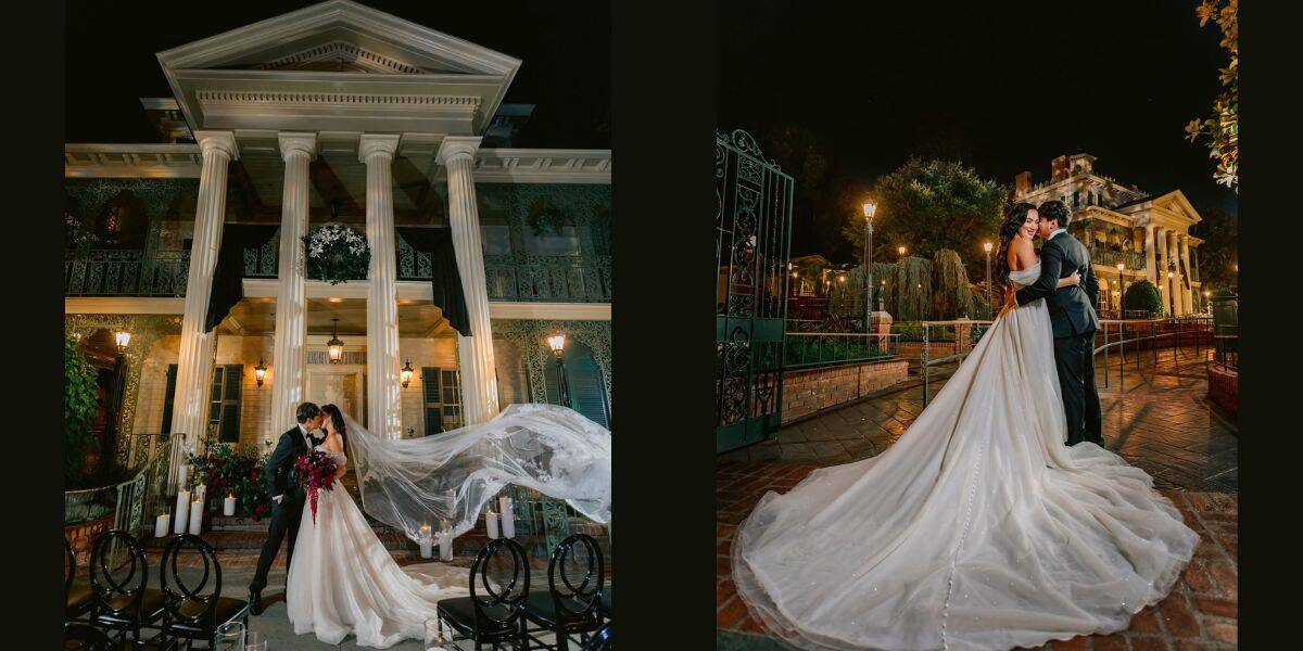 A bride and groom outside the Haunted Mansion at night in wedding attire, capturing the magical Disney fairytale atmosphere.