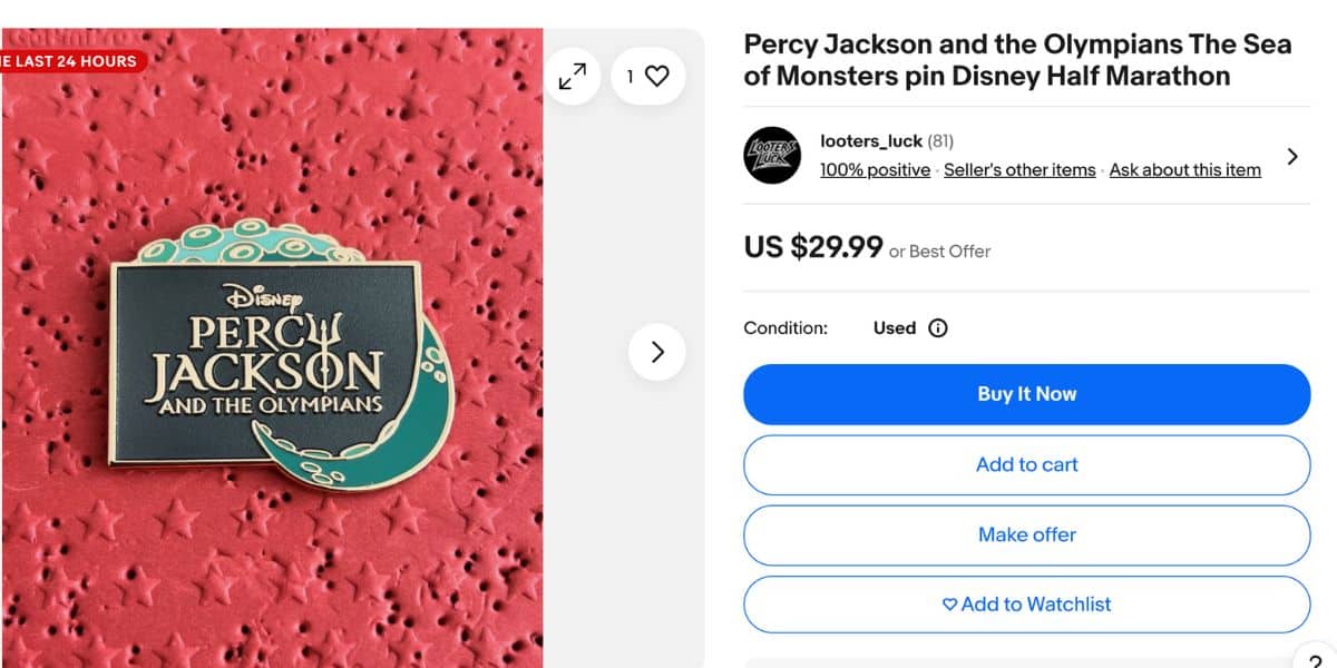 A Percy Jackson & The Olympians pin that was given out for free at Disney World, for sale on eBay for $29.99. 