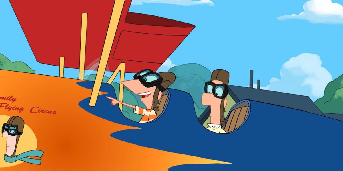 Phineas and Ferb fly a plane in animated tv show