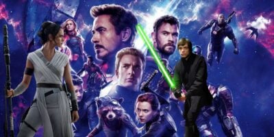 Rey and Luke Skywalker on top of an Avengers poster