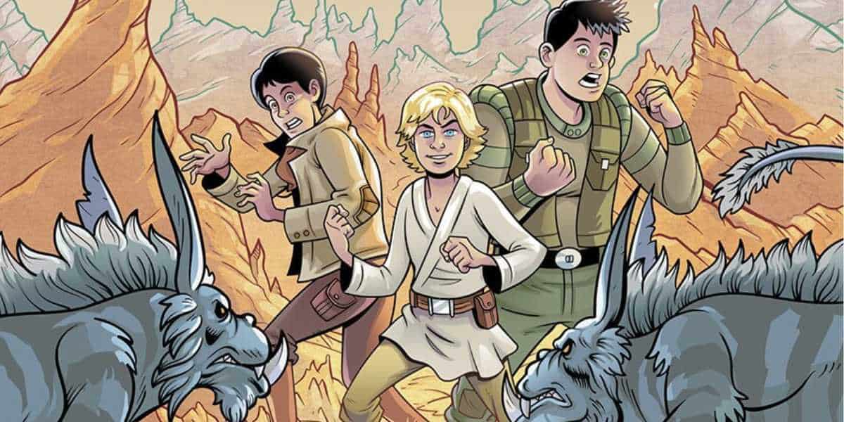 Luke Skywalker and others on Tatooine in the art work for "Star Wars: Tales of the Outer Rim--The Legend of Beggar's Canyon" 
