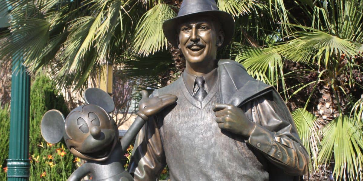 Walt Disney and Mickey Mouse in "Storytellers," a statue at Disney California Adventure Park.