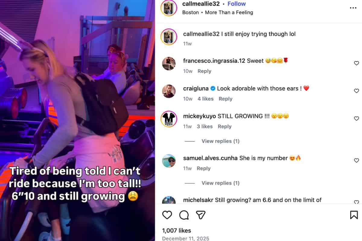 A still from an Instagram video of a woman trying to fit in the Space Mountain cars. 