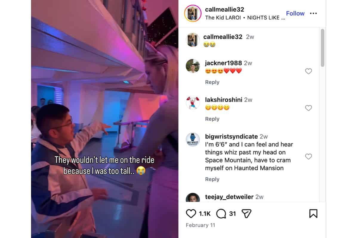 A screenshot from a video of a cast member escorting Allie out of Space Mountain