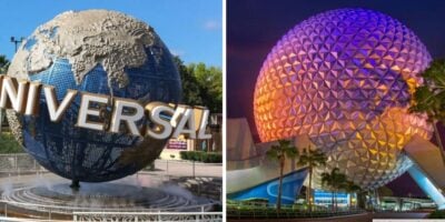 Universal Orlando’s legendary globe welcomes guests, while Epcot’s Spaceship Earth shines in festival colors at dusk.