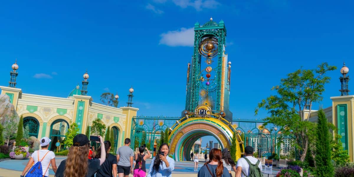 Universal guests approach the entrance to Epic Universe