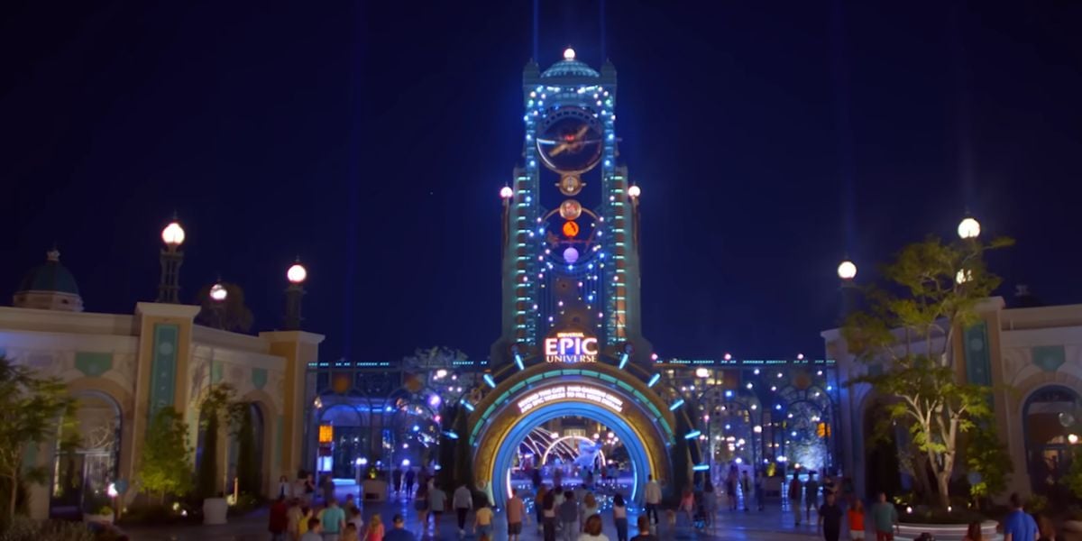 Universal's Epic Universe entrance lit up at night