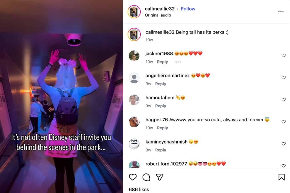 A still from a video of Allie walking through a backstage area