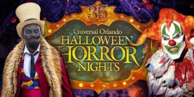 (On the left: Dr. Oddfellow) in the middle is the Halloween Horror Nights 35 logo, which takes places on select nights from August 29 through November 1, 2026. (On the right: Jack the Clown).