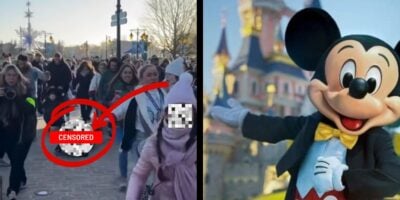 (To the left of the image) Excited visitors gather and trample on a woman inside a Disney Resort as a new land opens to the public, leading to chaos and a terrifying site. (To the right of the image) Mickey Mouse greets fans in front of Cinderella Castle.