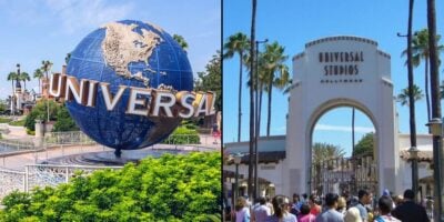 Side-by-side: Universal Studios globe icon spins on the left; vibrant park entrance and excited guests on the right.