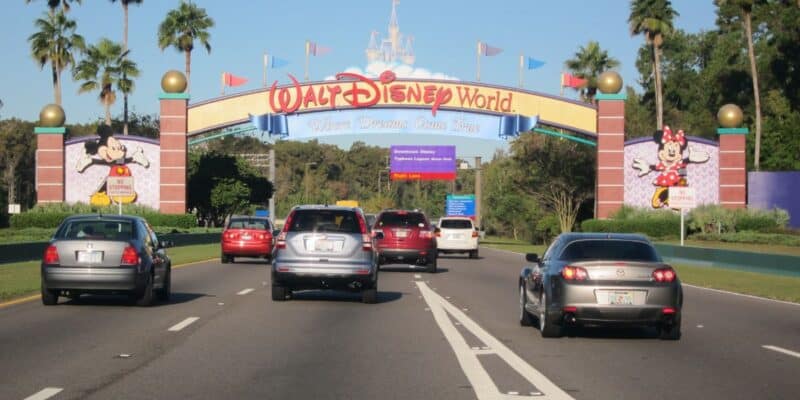 Guests arrive in cars beneath the vibrant Walt Disney World entrance, flanked by palm trees and beloved Disney World characters. Disney World weather forecast