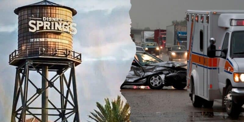 The iconic Disney Springs water tower stands next to a highway accident scene featuring emergency responders and an ambulance at Disney World after this terrible incident on March 14, 2026.