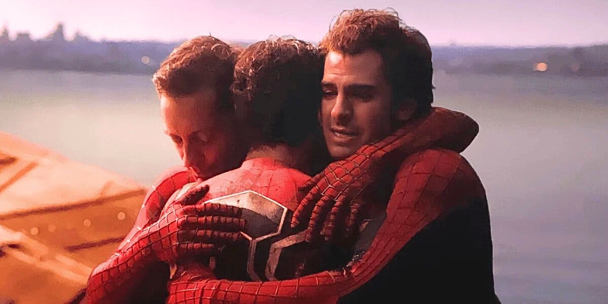 Tobey Maguire, Tom Holland, and Andrew Garfield hugging in 'Spider-Man: No Way Home'
