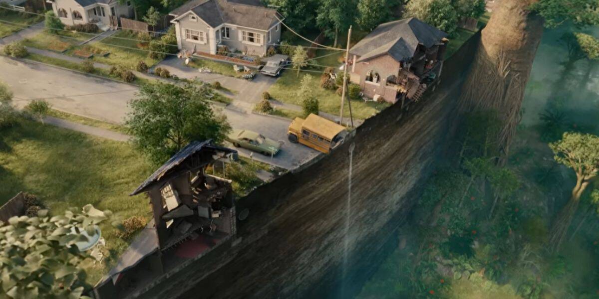 An aerial shot of Oak Street and a prehistoric jungle from 'The End of Oak Street'