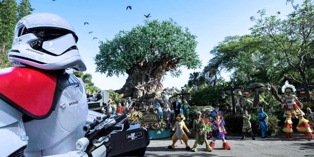 Animal Kingdom's Tree of Life in the background with Stormtrooper from Rise of the Resistance in the foreground