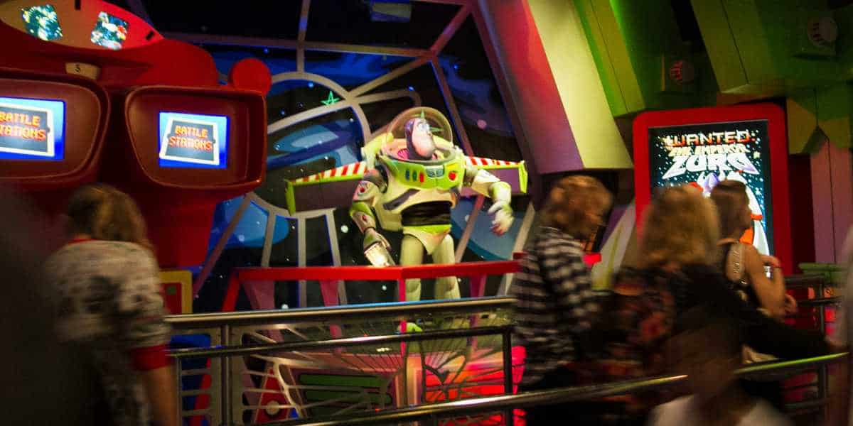 The Buzz Lightyear animatronic in the queue for Space Ranger Spin at Disney World