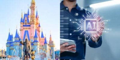 split image: on the left, cinderella castle in disney world. on the right, a person clicks an AI button
