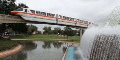 Monorail Orange passes through EPCOT at Walt Disney World.