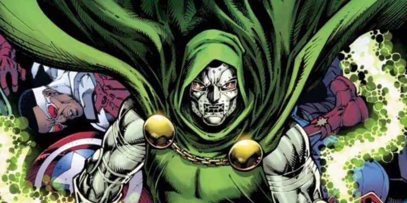 Doctor Doom with Sam Wilson defeated in the background. Take from Marvel Comic book