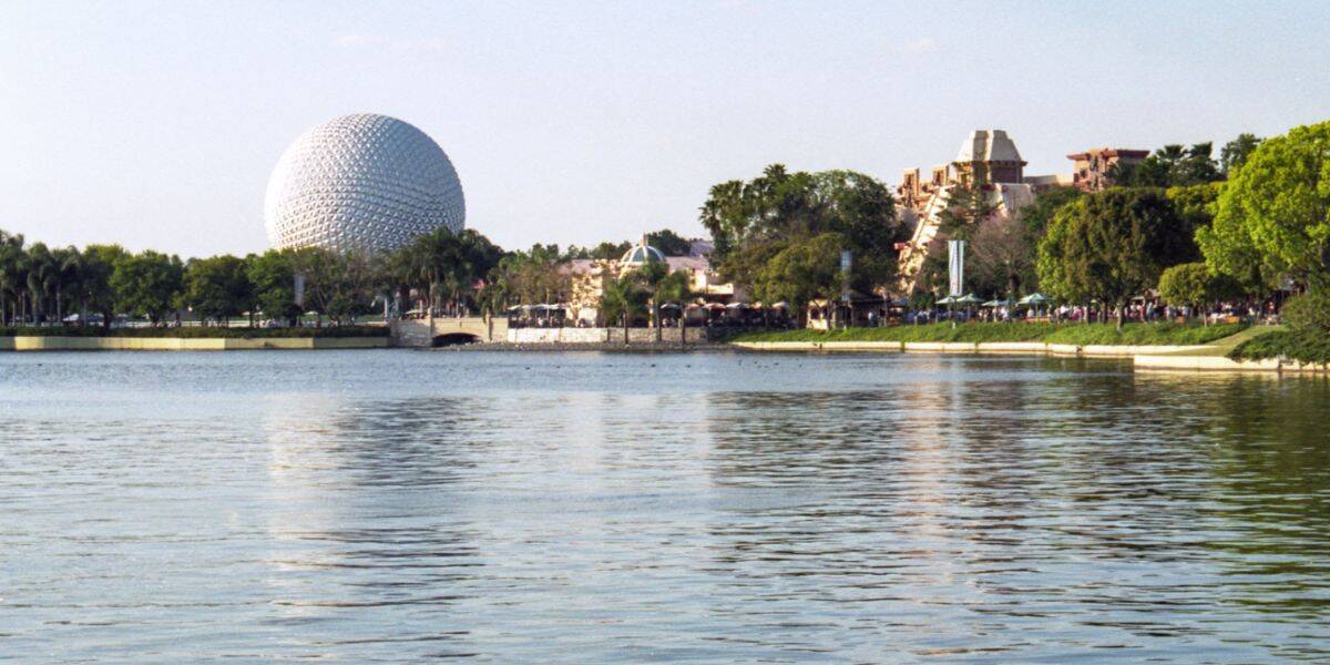 Spaceship Earth as seen from the World Showcase Lagoon at EPCOT