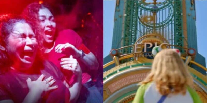 split image. on the left: guests screaming at halloween horror nights. on the right: entrance to epic universe