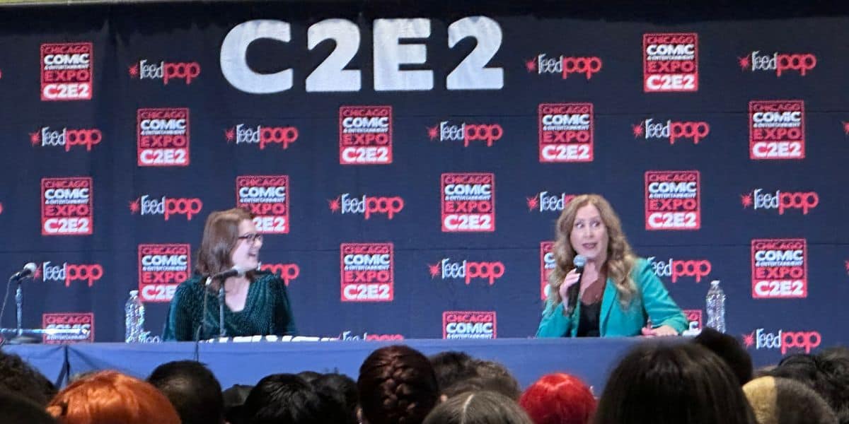 Jodi Benson smiles and speaks on stage at C2E2 2026.