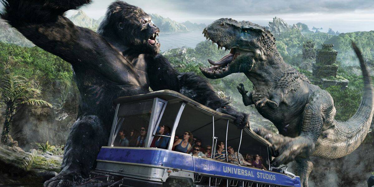 Studio Tour tram passes through the King Kong section of the attraction