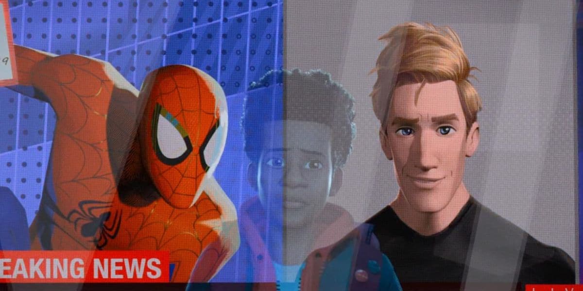 Miles Morales watching death of Peter Parker on news in 'Into the Spider-Verse'