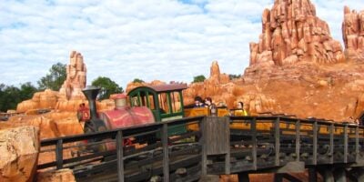 A train on Big Thunder Mountain Railroad at Magic Kingdom Park