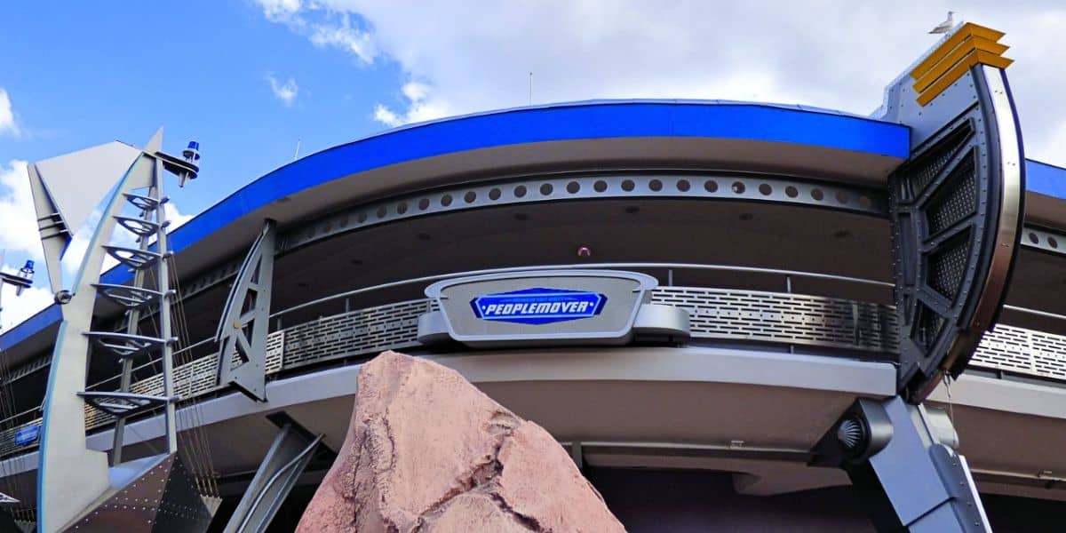 A look at the Tomorrowland Transit Authority PeopleMover at Magic Kingdom Park, taken from below.