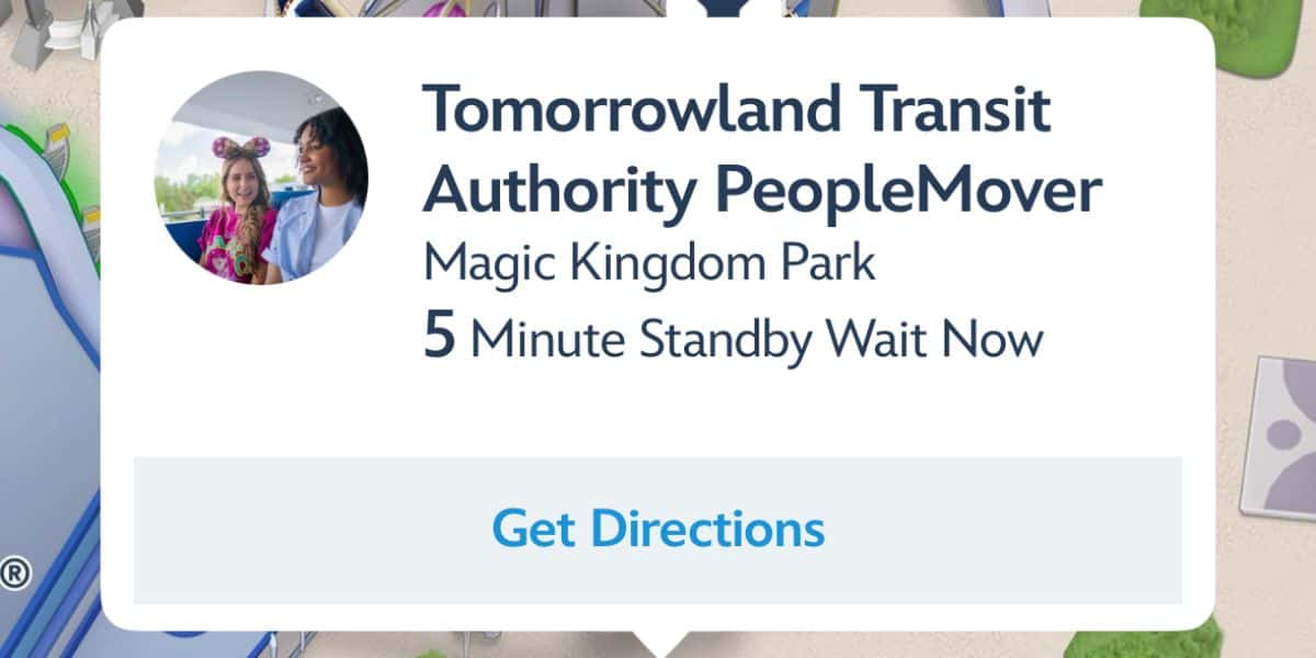 A screenshot showing the PeopleMover at a 5-minute wait.