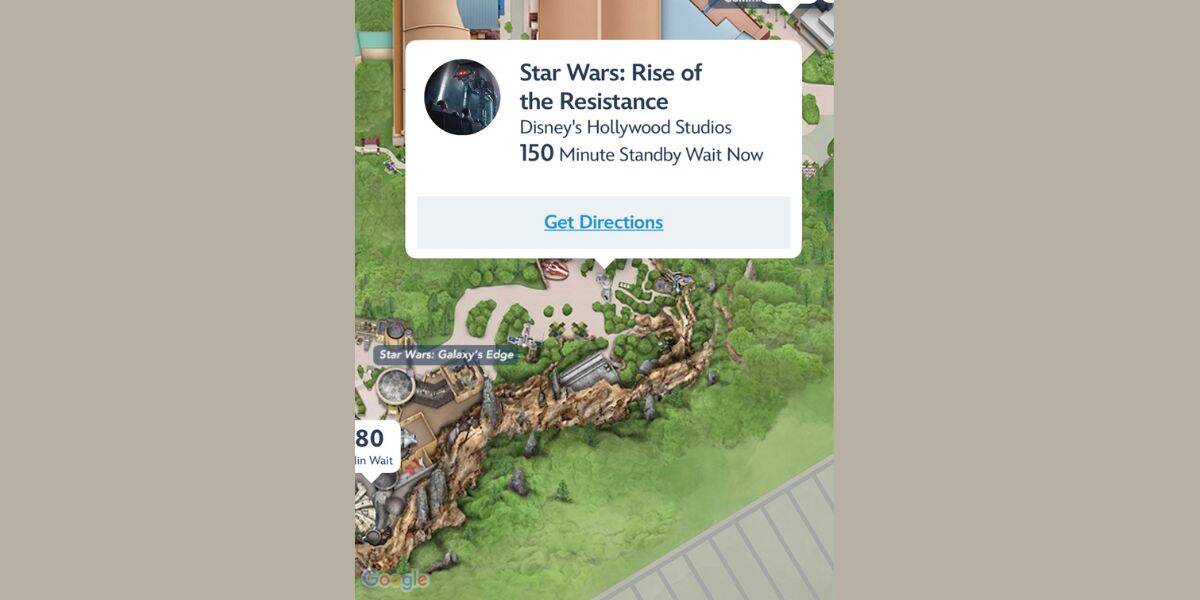 screenshot of My Disney Experience app with wait time of 150 minutes for Rise of the Resistance in Disney World