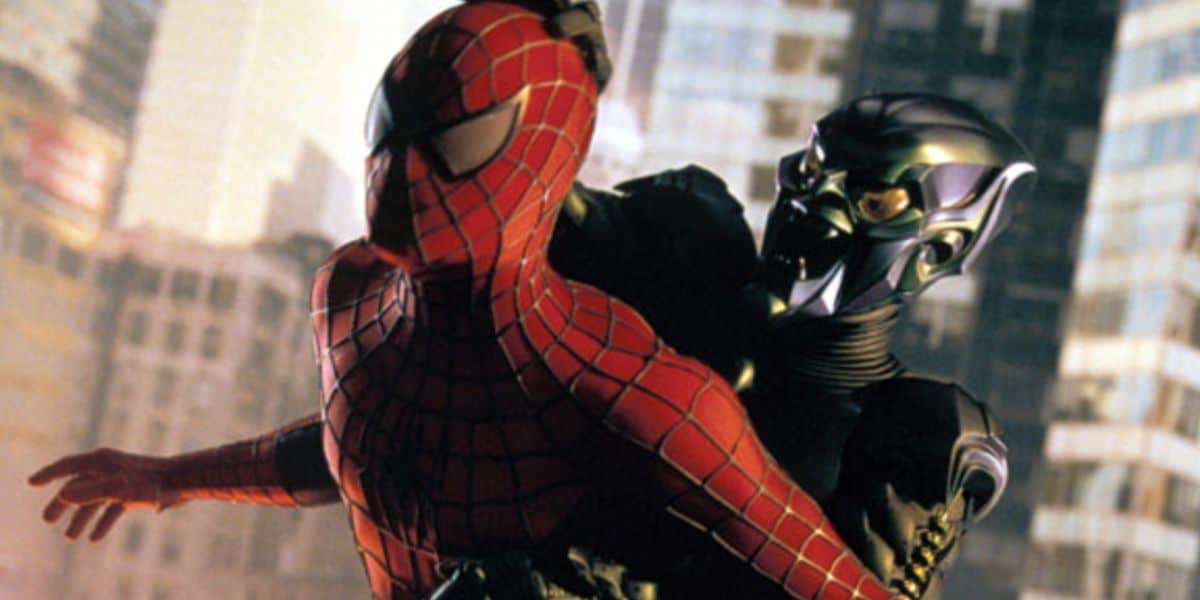 Tobey Maguire as Spider-Man being attacked by Green Goblin