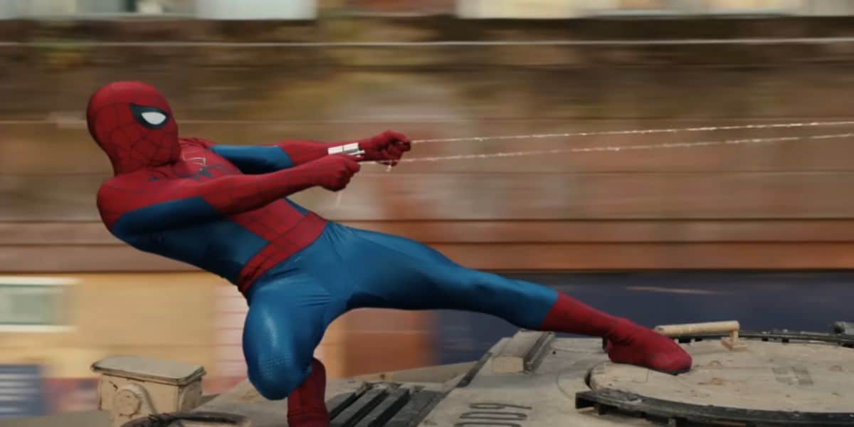 Tom Holland in 'Spider-Man: Brand New Day' standing on top of a tank shooting spider webs