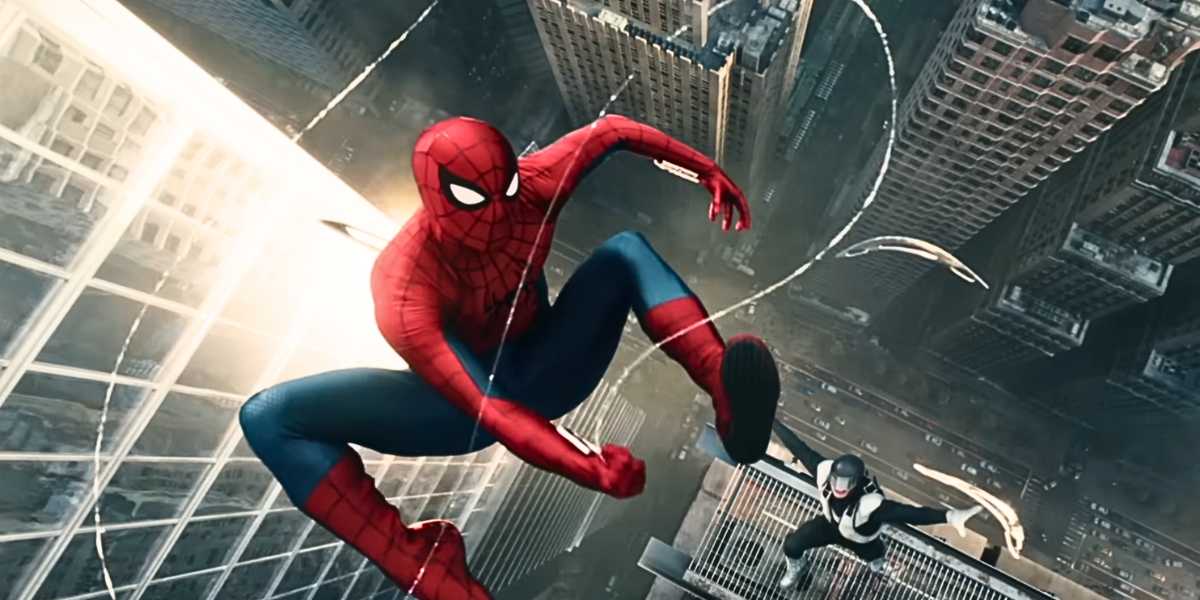 Tom Holland as Spider-Man swinging through the sky while being attacked by Boomerang