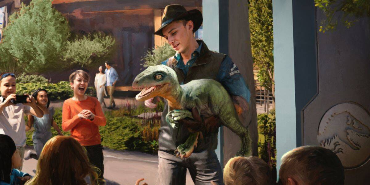 concept art of a Universal employee holds a dinosaur for kids to meet in Jurassic World Adventure Camp area in Universal Kids Resort