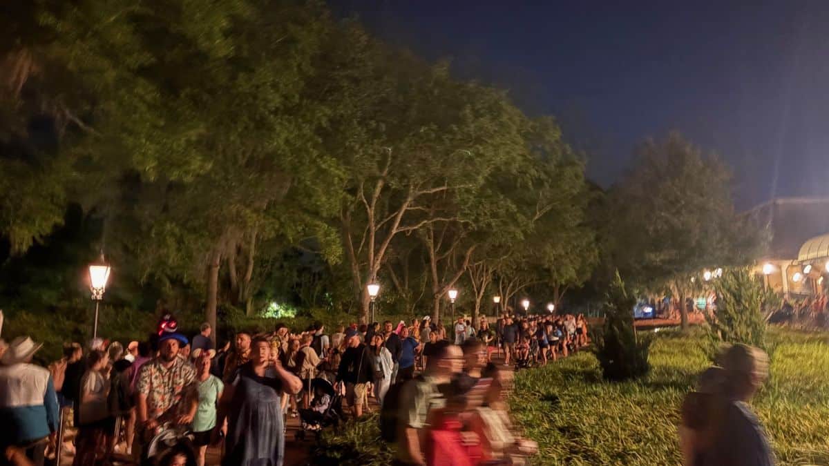 crowds gather for the Disney Skyliner