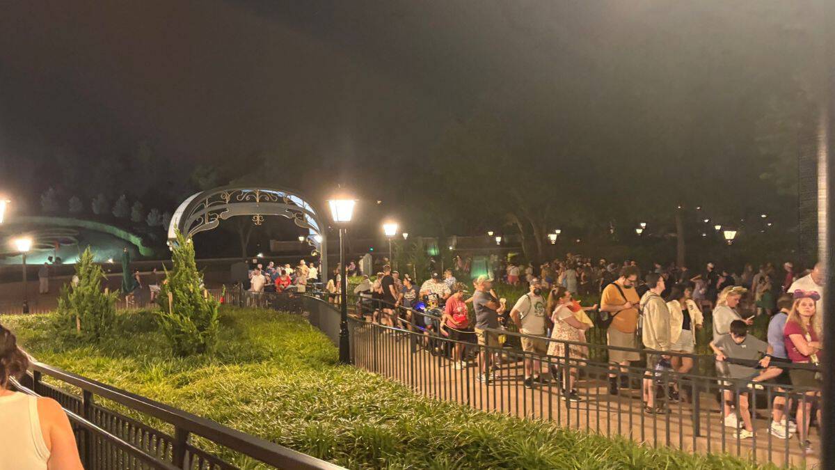 crowds gather at the Disney Skyliner