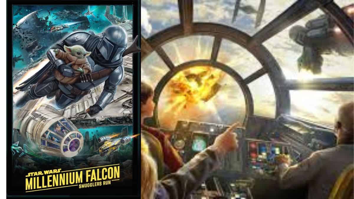 Millennium Falcon: Smugglers’ Run poster with guests in the cockpit, channeling Mando and Grogu’s Star Wars. 