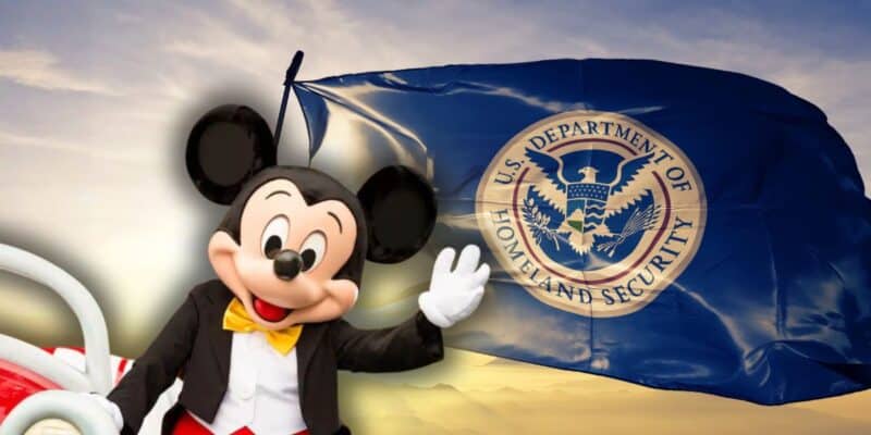 Mickey Mouse waves cheerfully as the U.S. Department of Homeland Security flag flutters behind him at sunset in Disney World. TSA PreCheck Touchless ID