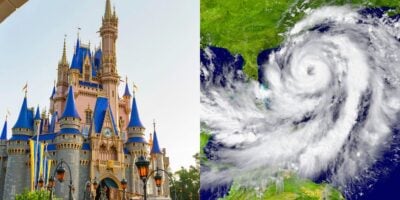 split image. on the left, cinderella castle in disney world. on the right, a major hurricane crosses over Florida