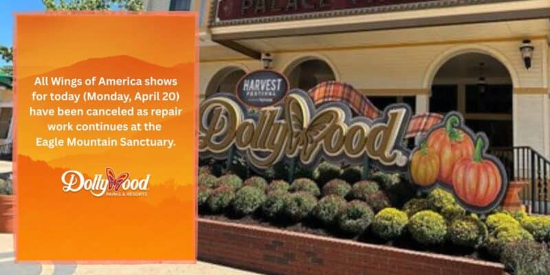 Dollywood entrance sign announces adjusted park hours and limited attractions because of chilly winter weather.